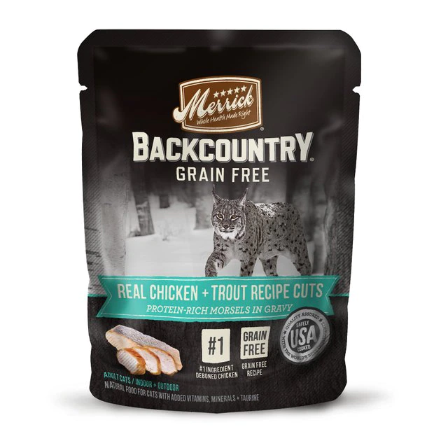 Merrick Backcountry Grain-Free Real Chicken & Trout Recipe Cuts Morsels in Gravy Cat Food Pouches 3 Merrick Backcountry Grain-Free Real Chicken & Trout Recipe Cuts Morsels in Gravy Cat Food Pouches