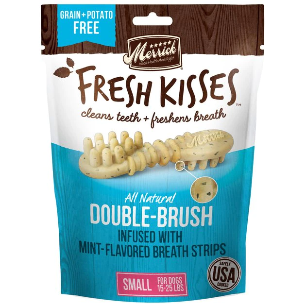 Merrick Fresh Kisses Double-Brush Mint Breath Strip Infused Small Dental Dog Treats 3 Merrick Fresh Kisses Double-Brush Mint Breath Strip Infused Small Dental Dog Treats