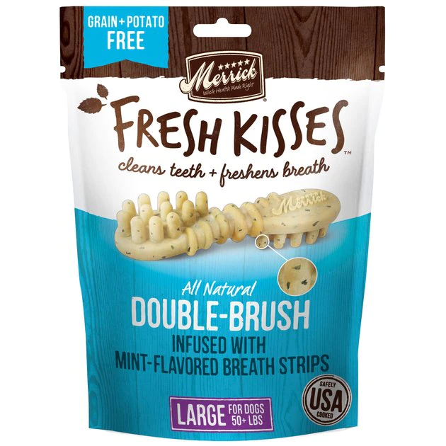 Merrick Fresh Kisses Double-Brush Mint Breath Strip Infused Large Dental Dog Treats 3 Merrick Fresh Kisses Double-Brush Mint Breath Strip Infused Large Dental Dog Treats