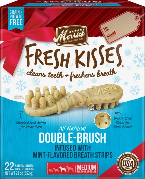 Merrick Fresh Kisses Holiday Double-Brush Mint-Flavored Dental Dog Treats 3 Merrick Fresh Kisses Holiday Double-Brush Mint-Flavored Dental Dog Treats