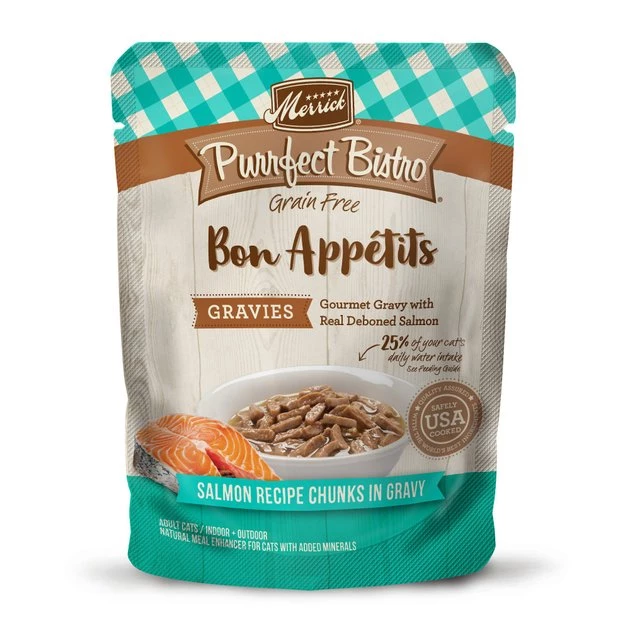 Merrick Purrfect Bistro Bon Appetits Grain-Free Salmon Recipe Chunks in Gravy Adult Cat Food Pouches 3 Merrick Purrfect Bistro Bon Appetits Grain-Free Salmon Recipe Chunks in Gravy Adult Cat Food Pouches