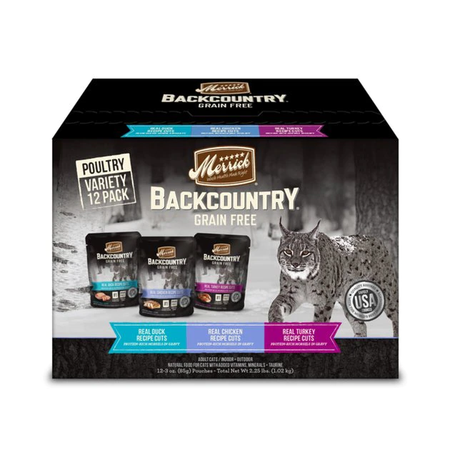Merrick Backcountry Grain-Free Morsels in Gravy Real Duck, Chicken, Turkey Recipe Cuts Variety Pack Cat Food Pouches 3 Merrick Backcountry Grain-Free Morsels in Gravy Real Duck, Chicken, Turkey Recipe Cuts Variety Pack Cat Food Pouches
