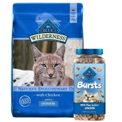 Blue Buffalo Wilderness Indoor Chicken Recipe Grain-Free Dry Food + Bursts With Paw-Licken Chicken Cat Treats