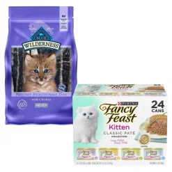 Blue Buffalo||Fancy Feast Blue Buffalo Wilderness Kitten Chicken Recipe Grain-Free Dry Food + Fancy Feast Tender Feast Canned Kitten Food