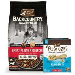 Merrick Backcountry Raw Infused Grain-Free Dry Food Great Plains Red Recipe + Fresh Kisses Double-Brush Mint Breath Strip Infused Medium Dental Dog Treats