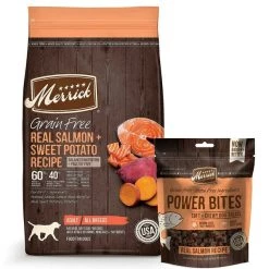 Merrick Grain-Free Real Salmon & Sweet Potato Recipe Dry Food + Power Bites Real Salmon Recipe Grain-Free Soft & Chewy Dog Treats