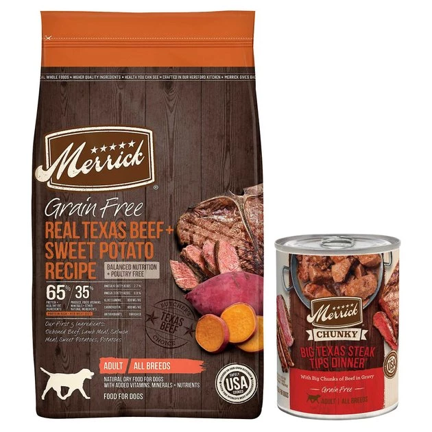 Merrick Real Texas Beef + Sweet Potato Recipe Grain-Free Adult Dry Food + Chunky Grain-Free Wet Dog Food Big Texas Steak Tips Dinner 3 Merrick Real Texas Beef + Sweet Potato Recipe Grain-Free Adult Dry Food + Chunky Grain-Free Wet Dog Food Big Texas Steak Tips Dinner