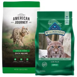 American Journey||Blue Buffalo American Journey Duck Recipe Grain-Free Dry Cat Food, 5-lb bag + Blue Buffalo Wilderness Duck Recipe Grain-Free Dry Cat Food, 5-lb bag