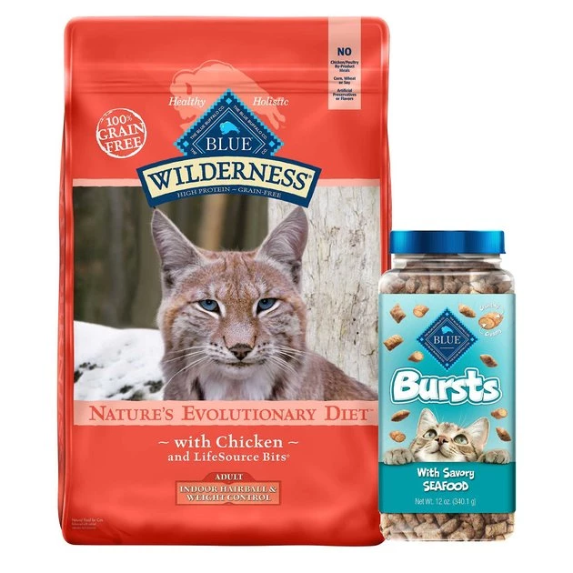Blue Buffalo Wilderness Indoor Hairball & Weight Control Chicken Recipe Grain-Free Dry Cat Food, 11-lb bag + Blue Buffalo Bursts With Savory Seafood Cat Treats, 12-oz tub 3 Blue Buffalo Wilderness Indoor Hairball & Weight Control Chicken Recipe Grain-Free Dry Cat Food, 11-lb bag + Blue Buffalo Bursts With Savory Seafood Cat Treats, 12-oz tub