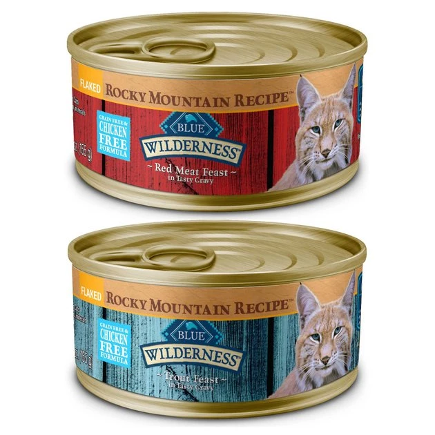 Blue Buffalo Wilderness Rocky Mountain Recipe Flaked Red Meat Feast Adult Grain-Free Canned Cat Food, 5.5-oz, case of 24 + Blue Buffalo Wilderness Rocky Mountain Recipe Flaked Trout Feast Adult Grain-Free Canned Cat Food, 5.5-oz, case of 24 3 Blue Buffalo Wilderness Rocky Mountain Recipe Flaked Red Meat Feast Adult Grain-Free Canned Cat Food, 5.5-oz, case of 24 + Blue Buffalo Wilderness Rocky Mountain Recipe Flaked Trout Feast Adult Grain-Free Canned Cat Food, 5.5-oz, case of 24