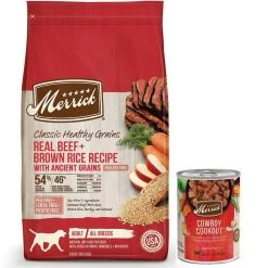 Merrick Classic Healthy Grains Real Beef + Brown Rice Recipe with Ancient Grains Dry Food + Wet Dog Food Cowboy Cookout