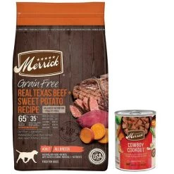 Merrick Real Texas Beef + Sweet Potato Recipe Dry Food + Wet Dog Food Cowboy Cookout