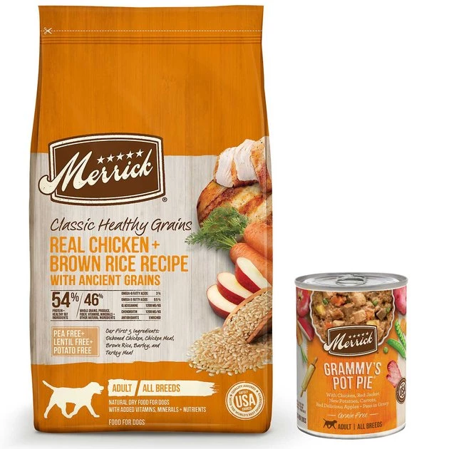 Merrick Classic Healthy Grains Real Chicken + Brown Rice Recipe with Ancient Grains Dry Food + Wet Dog Food Grammy's Pot Pie 3 Merrick Classic Healthy Grains Real Chicken + Brown Rice Recipe with Ancient Grains Dry Food + Wet Dog Food Grammy's Pot Pie