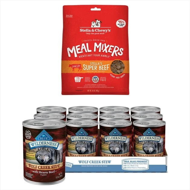 Blue Buffalo||Stella & Chewy's Blue Buffalo Wilderness Wolf Creek Stew Hearty Beef Stew Canned Food + Stella & Chewy's Stella's Super Beef Meal Mixers Freeze-Dried Dog Food Topper 3 Blue Buffalo||Stella & Chewy's Blue Buffalo Wilderness Wolf Creek Stew Hearty Beef Stew Canned Food + Stella & Chewy's Stella's Super Beef Meal Mixers Freeze-Dried Dog Food Topper