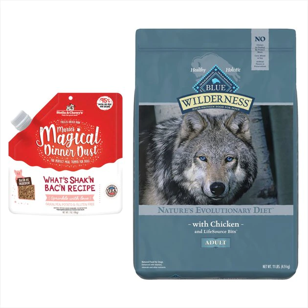 Blue Buffalo||Stella & Chewy's Blue Buffalo Wilderness Chicken Dry Food + Stella & Chewy's Marie's Magical Dinner Dust Bacon Freeze-Dried Dog Food Topper 2 Blue Buffalo||Stella & Chewy's Blue Buffalo Wilderness Chicken Dry Food + Stella & Chewy's Marie's Magical Dinner Dust Bacon Freeze-Dried Dog Food Topper