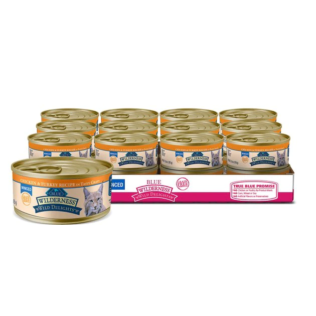 Blue Buffalo Wilderness Wild Delights Minced Chicken & Turkey in Tasty Gravy Grain-Free Canned Cat Food 3 Blue Buffalo Wilderness Wild Delights Minced Chicken & Turkey in Tasty Gravy Grain-Free Canned Cat Food